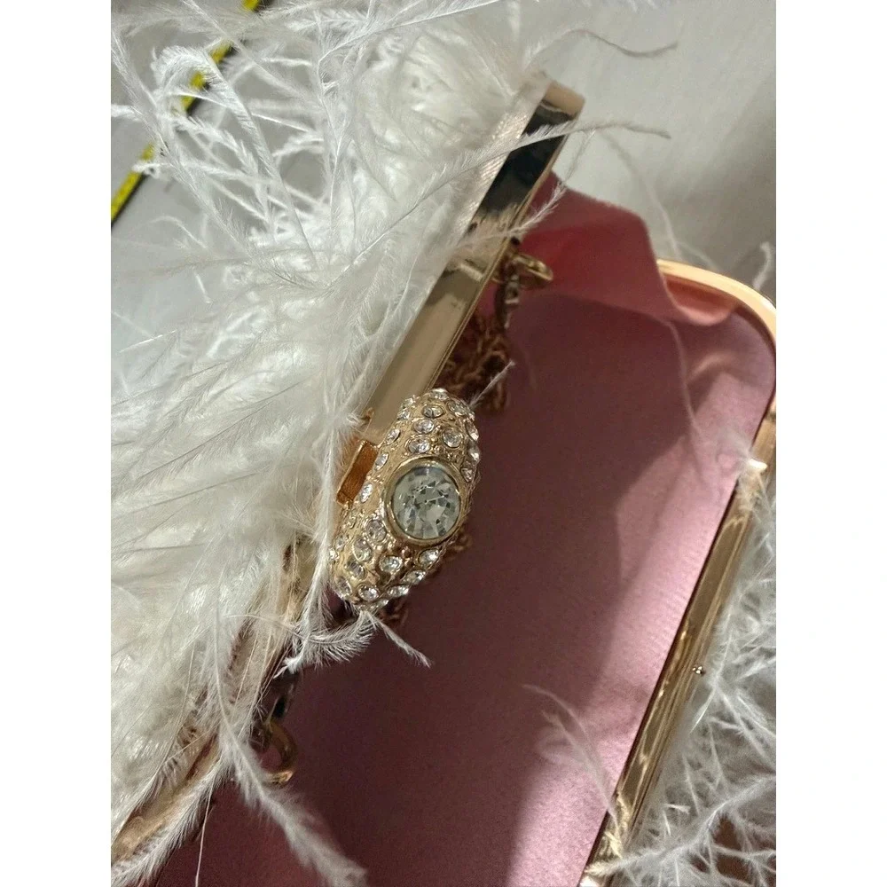 White Feather Clutch Bag Gold Rhinestone Ring Clasp Evening Bag